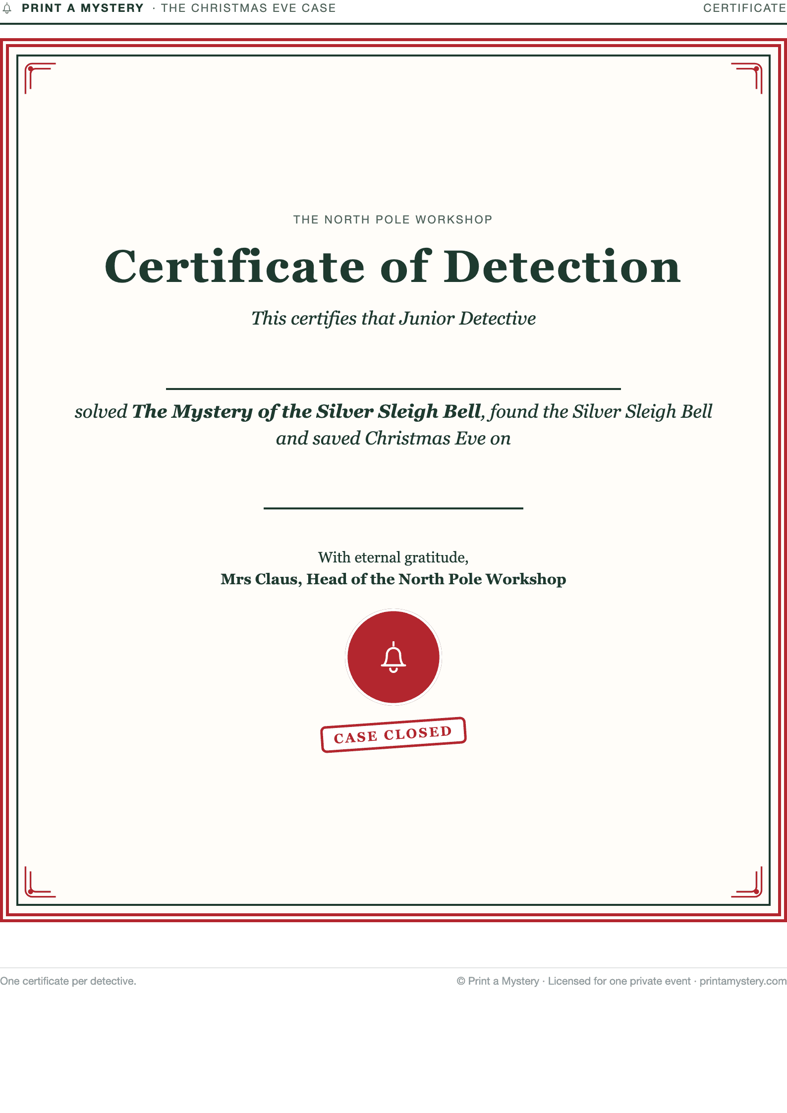Certificate of Detection — a printed page of The Christmas Eve Case