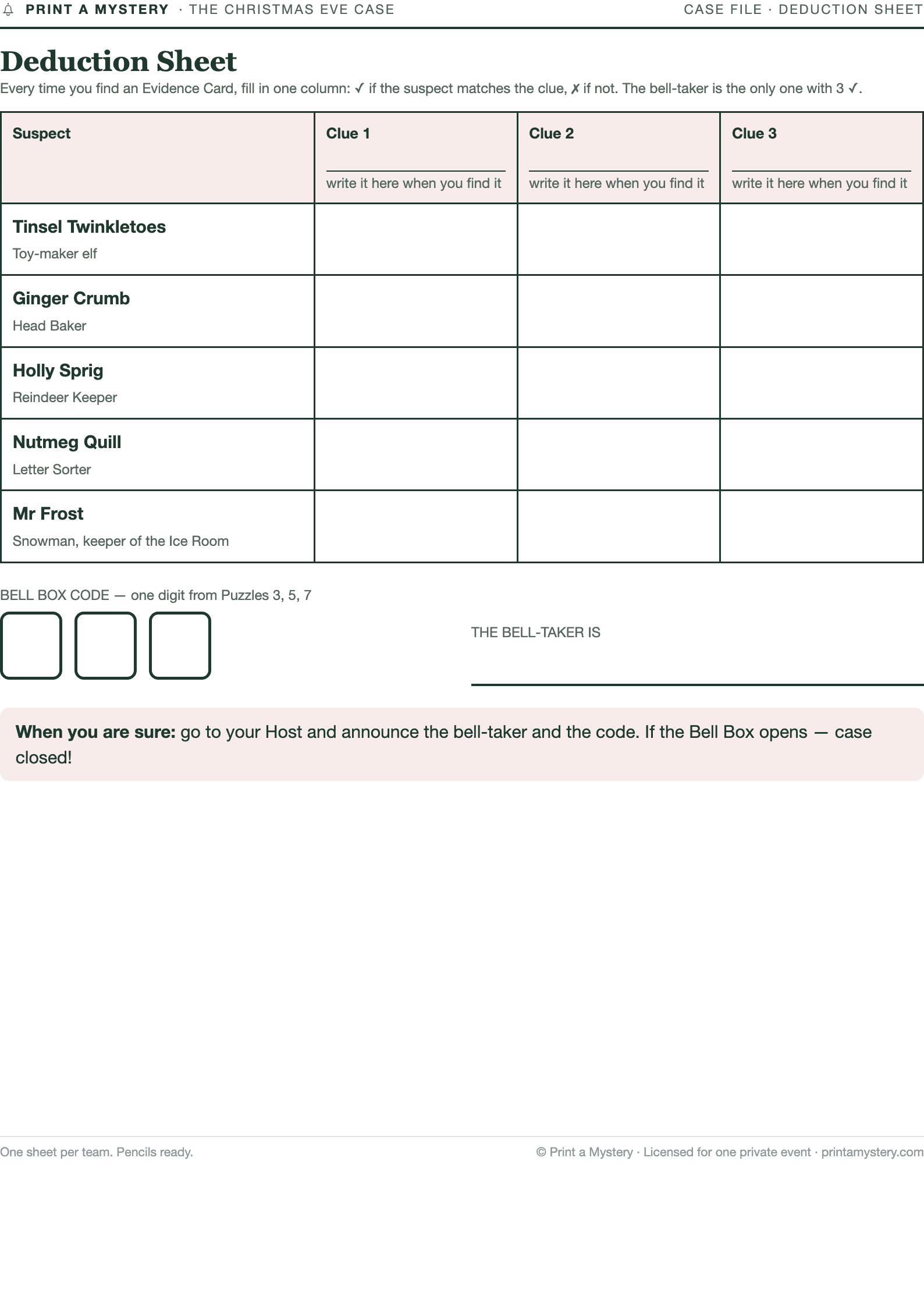 Deduction Sheet — three clues, one culprit — a printed page of The Christmas Eve Case