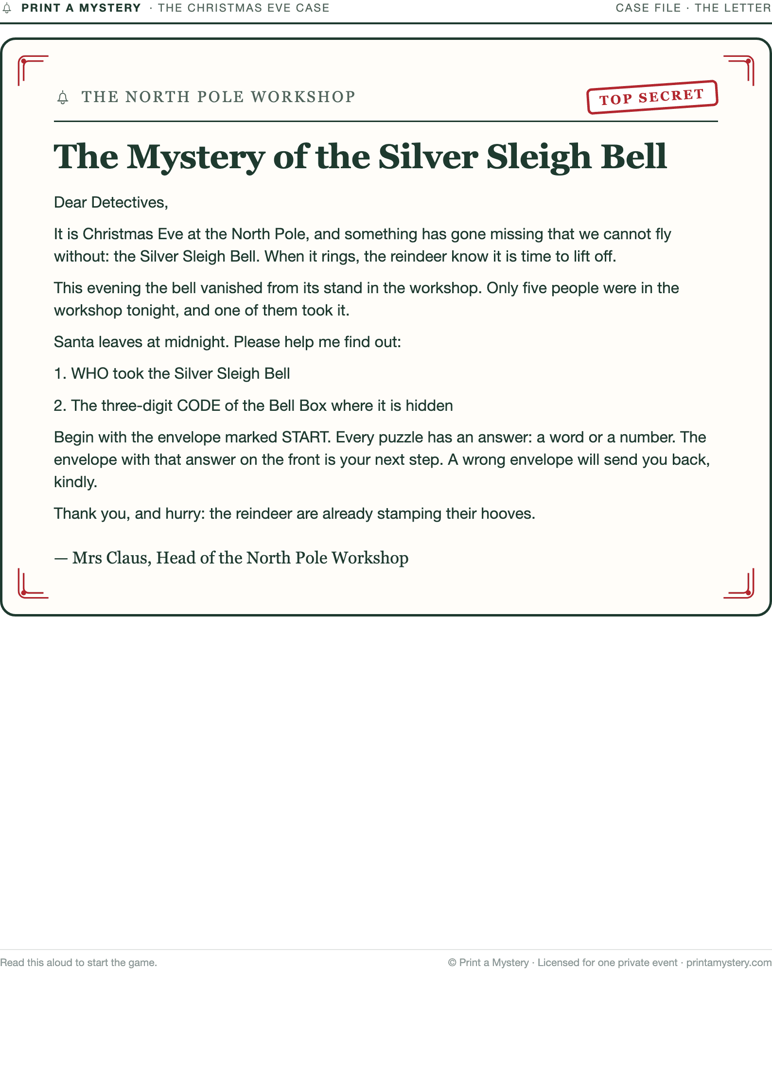 The letter from Mrs Claus — read aloud to start — a printed page of The Christmas Eve Case