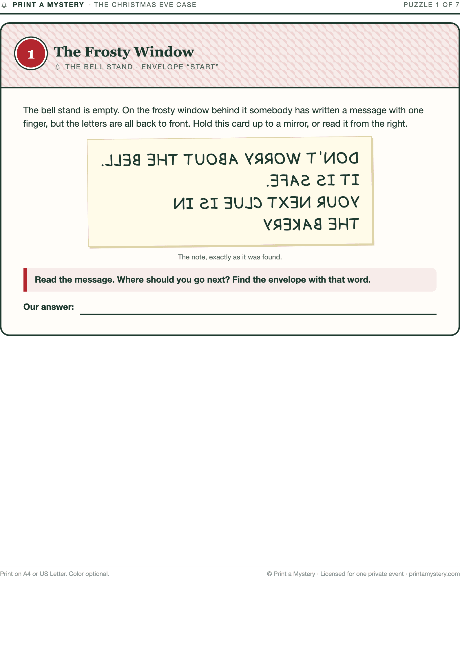 Puzzle 1 — The Frosty Window — a printed page of The Christmas Eve Case