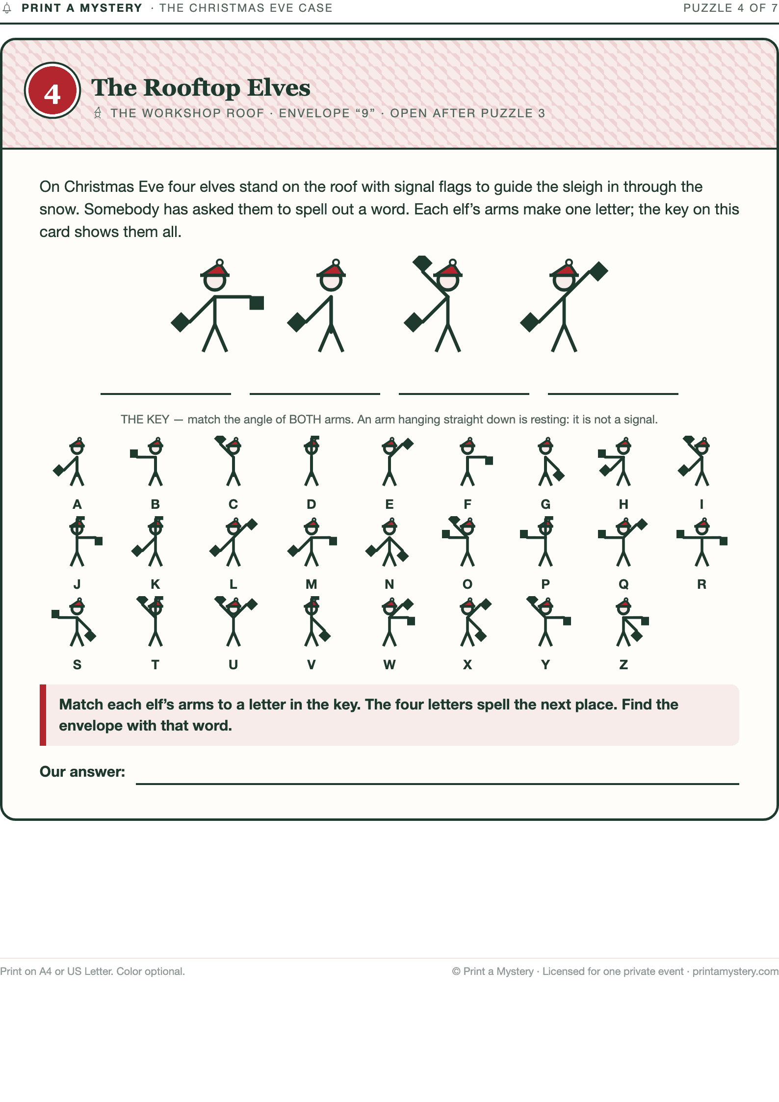 Puzzle 4 — The Rooftop Elves — a printed page of The Christmas Eve Case