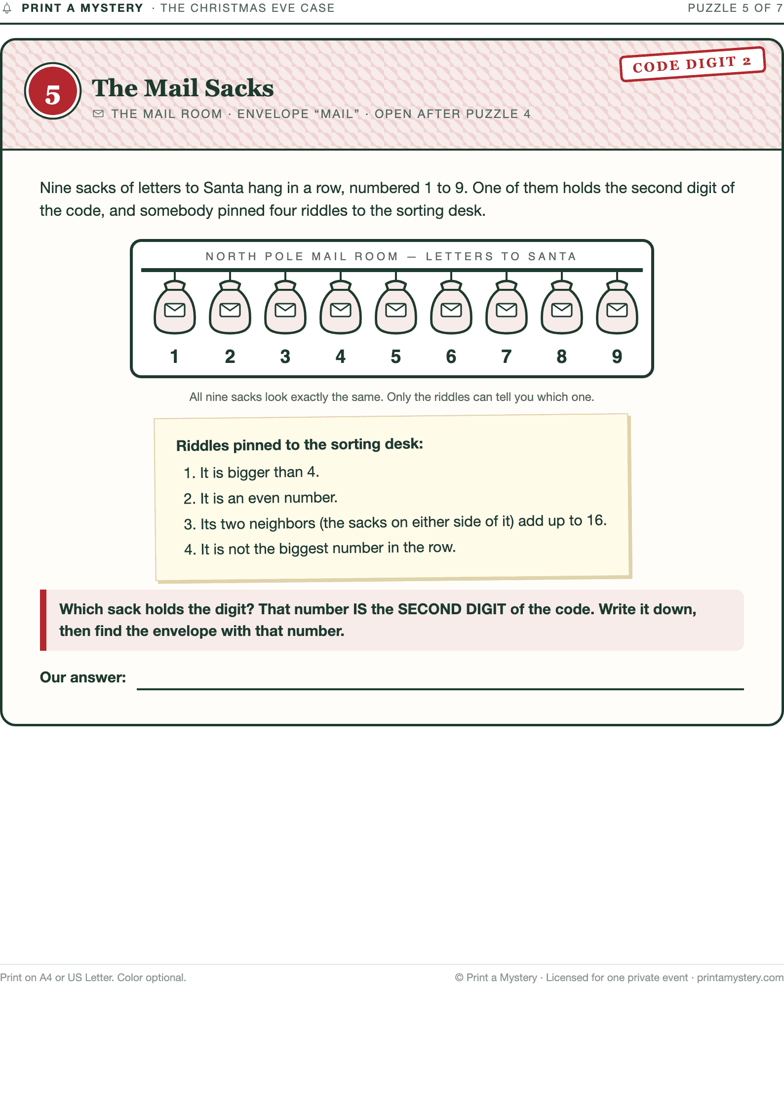 Puzzle 5 — The Mail Sacks — a printed page of The Christmas Eve Case