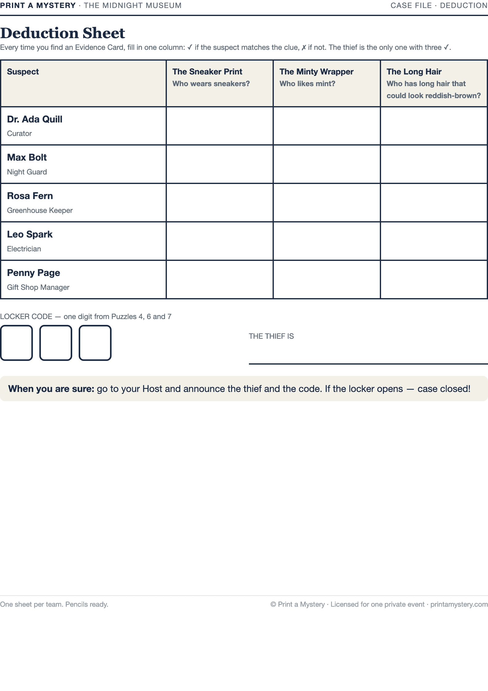 Deduction Sheet — three clues, one thief