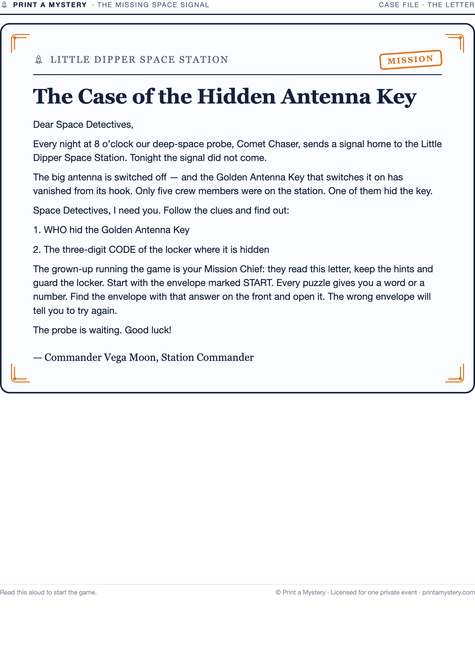 The letter from the Commander — read aloud to start
