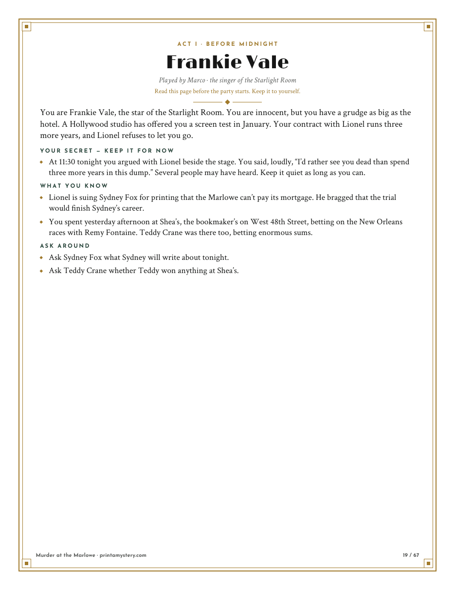 Act I character page for Frankie Vale