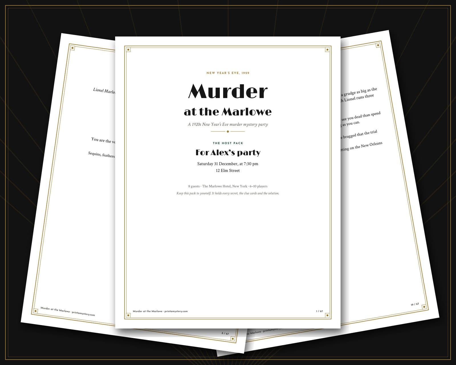 Murder at the Marlowe — the cover, an invitation and a character page