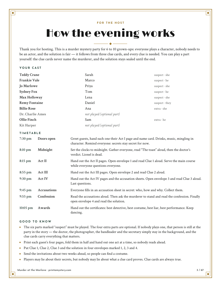 Host guide with the cast and a timetable in clock times