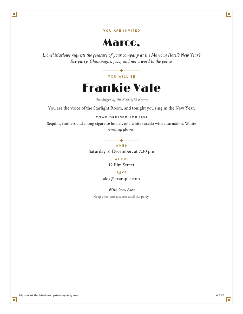 A personal invitation with the guest's name and part
