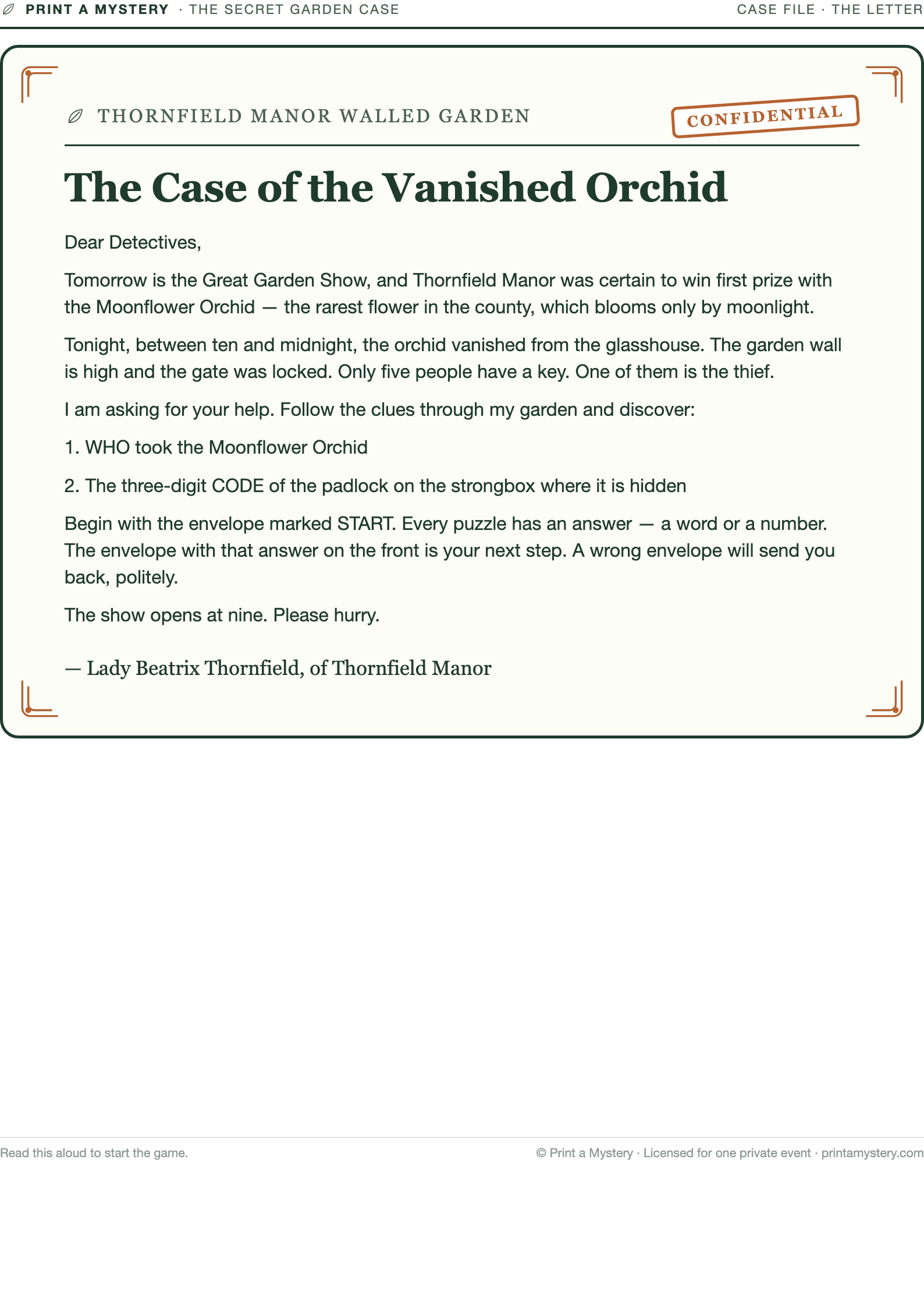 The letter from Lady Thornfield — read aloud to start