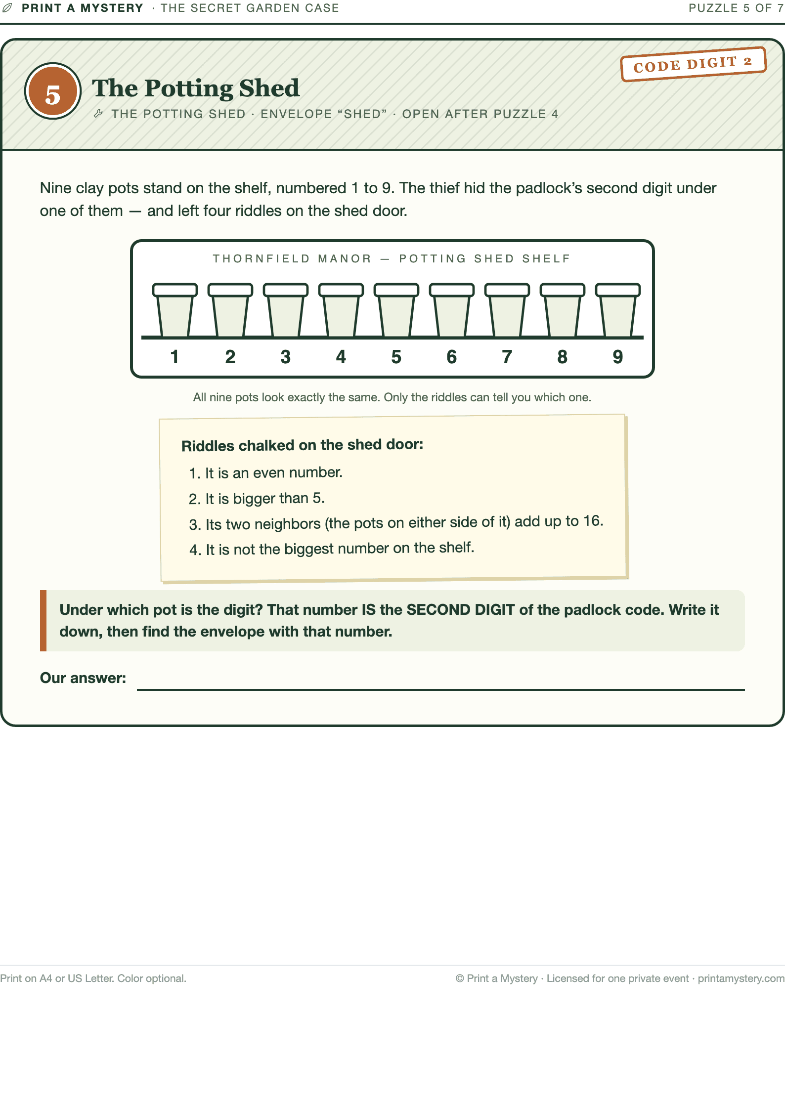 Puzzle 5 — The Potting Shed